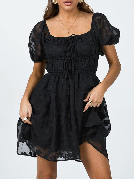 Black sweet short sleeves floral dress