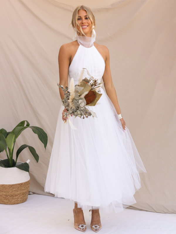 White bridal halter neck mesh turtleneck dress