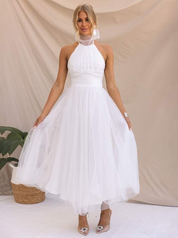 White bridal halter neck mesh turtleneck dress