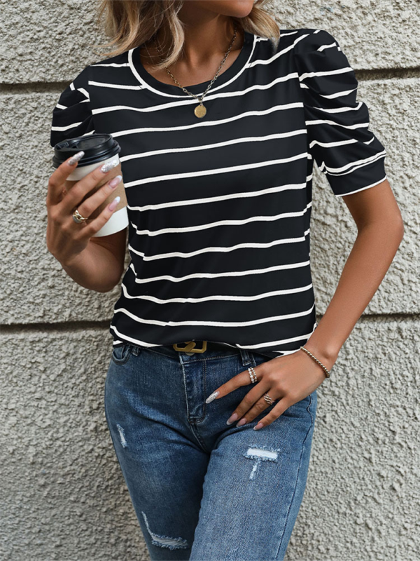 Women's basic Puff Sleeve Striped T-Shirt