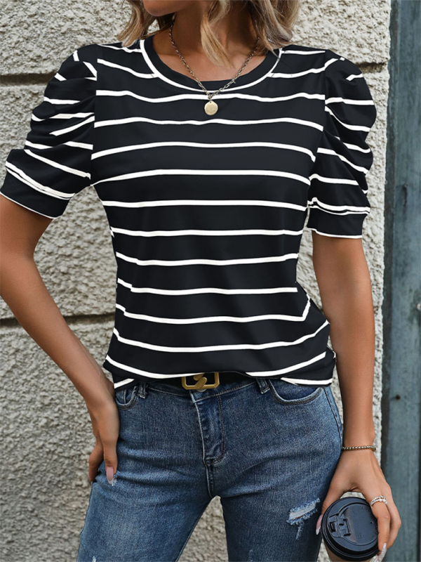 Women's basic Puff Sleeve Striped T-Shirt