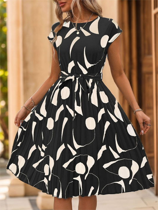 Ladies geometric pattern print pleated dress