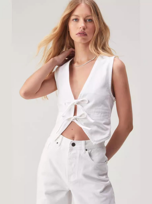 Women's White Denim Deep V Vest