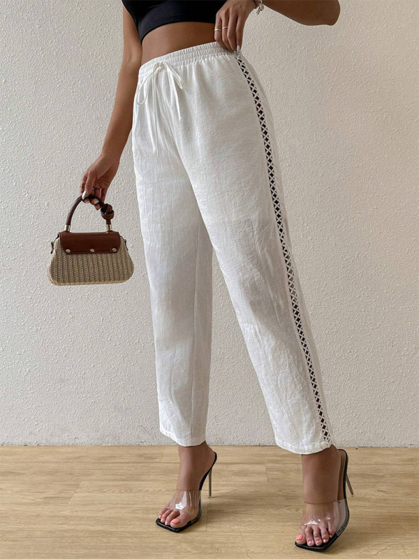 White casual side hollow elastic drawstring straight pants