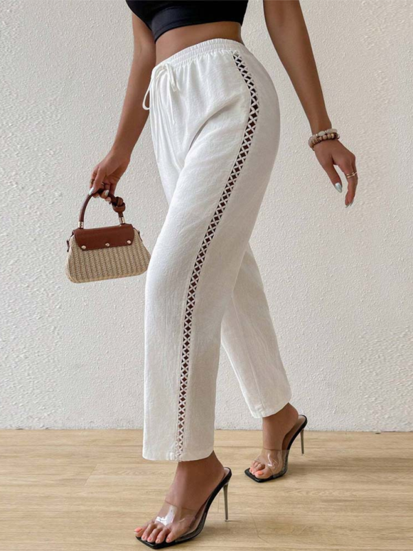 White casual side hollow elastic drawstring straight pants