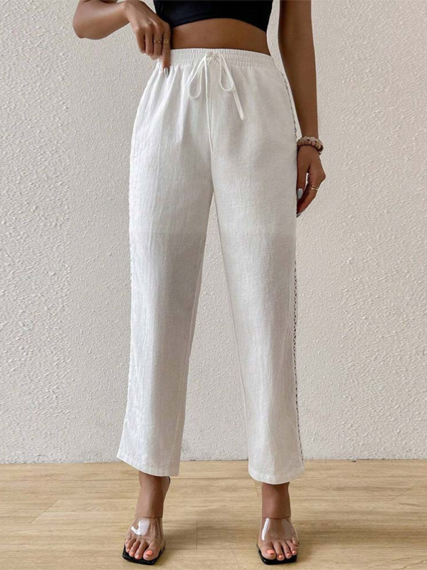 White casual side hollow elastic drawstring straight pants