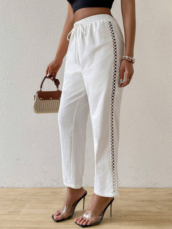 White casual side hollow elastic drawstring straight pants