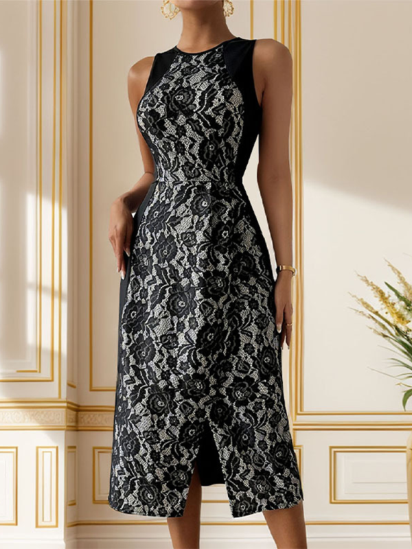 Floral elegant high waist sleeveless printed slit dress