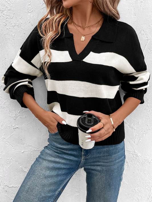 Women's black and white striped lapel sweater