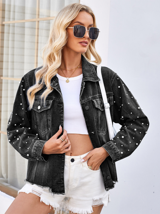 Washed Beaded Long Sleeve Casual Denim Jacket Top