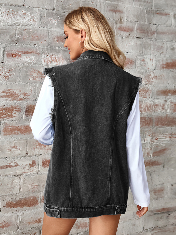 Ladies black washed denim loose vest waistcoat cardigan