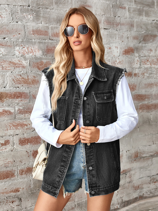 Ladies black washed denim loose vest waistcoat cardigan