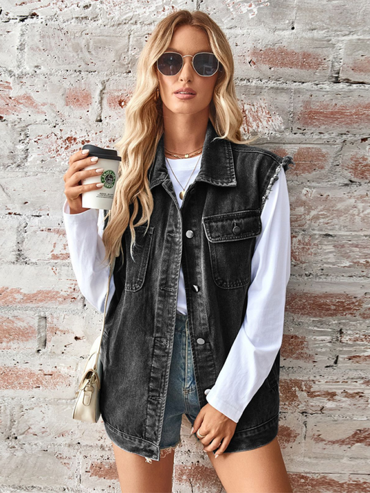 Ladies black washed denim loose vest waistcoat cardigan