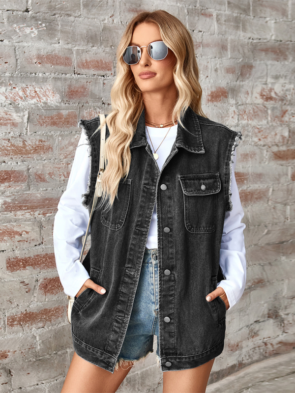 Ladies black washed denim loose vest waistcoat cardigan