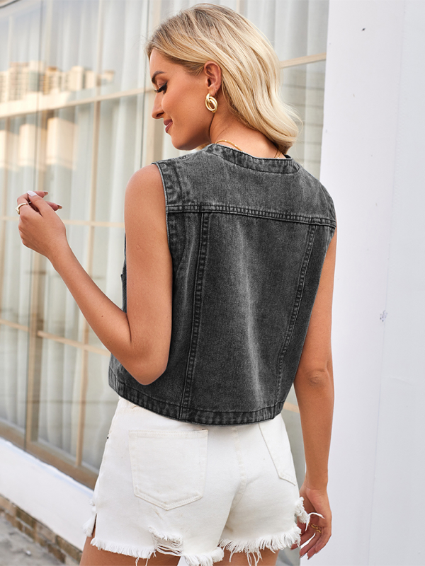 Ladies black washed slim collarless denim short vest