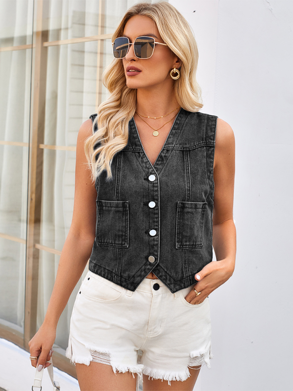 Ladies black washed slim collarless denim short vest