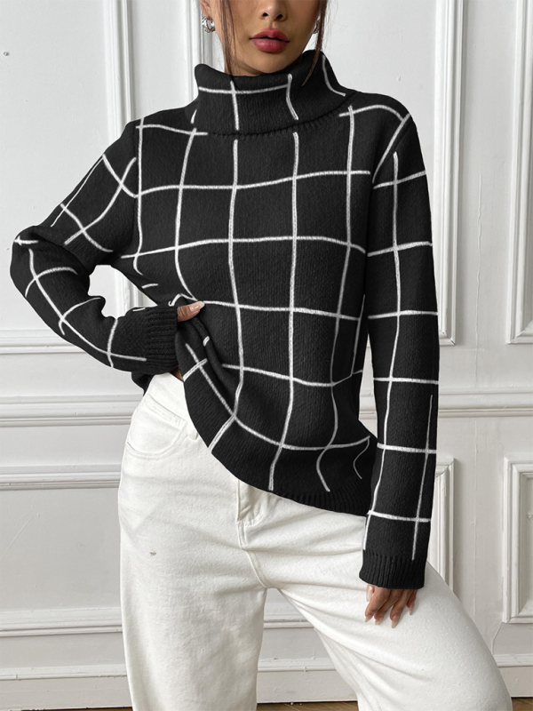 Contrast Plaid Turtleneck Sweater Top