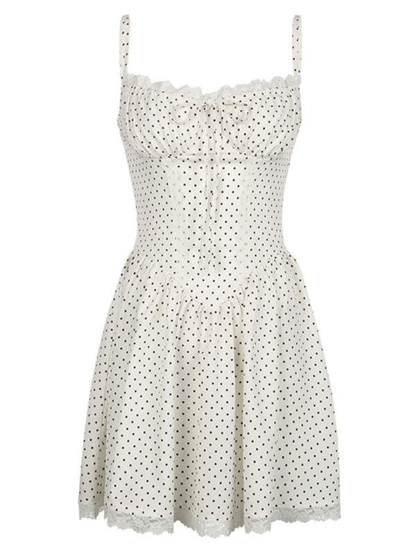 Polka dot chest tie waist A-line suspender dress