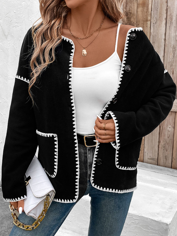 Loose-fitting color block fleece jacket