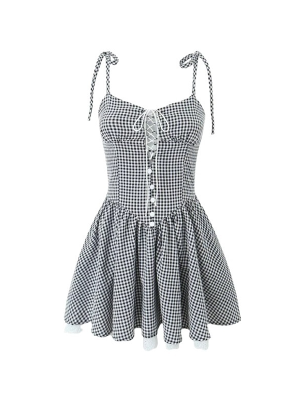 Lace Trim Sling Checkered Dress