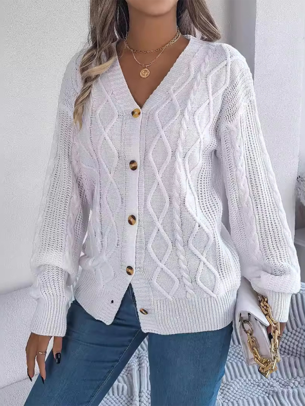 Casual V-neck Lantern Sleeve Twist Button Knit Cardigan Sweater