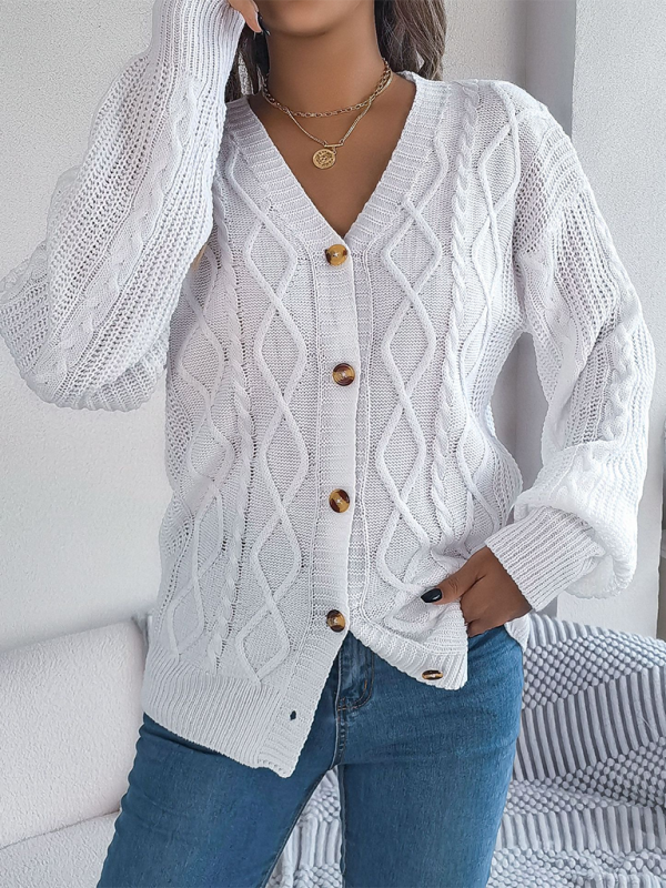 Casual V-neck Lantern Sleeve Twist Button Knit Cardigan Sweater