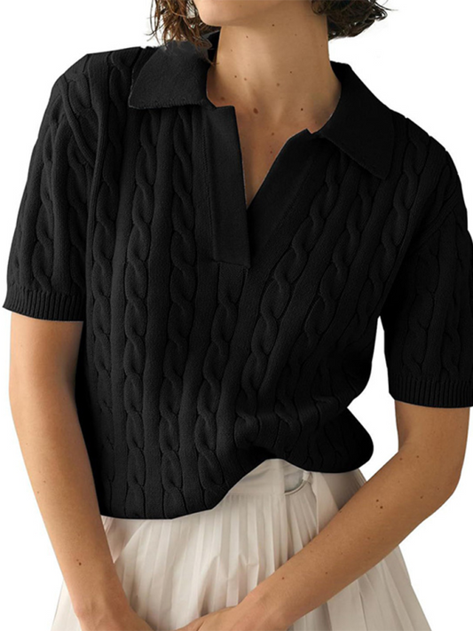 Women's Polo Neck Short Sleeve Twisted Knit Sweater