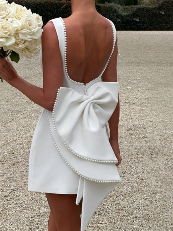 Women's White Pearl Bow Short Bridal Dress