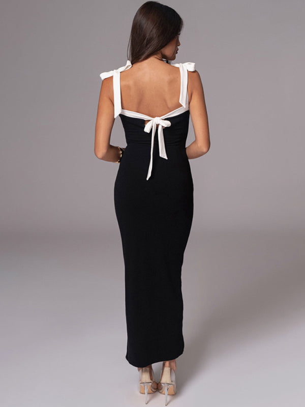 Bow Tie Front Black and White Maxi Dress