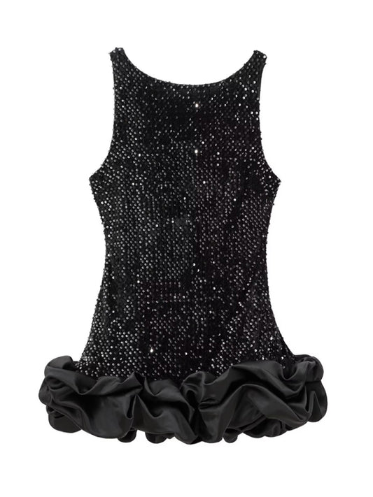 Black Sequin Sleeveless Suspender Short Dress