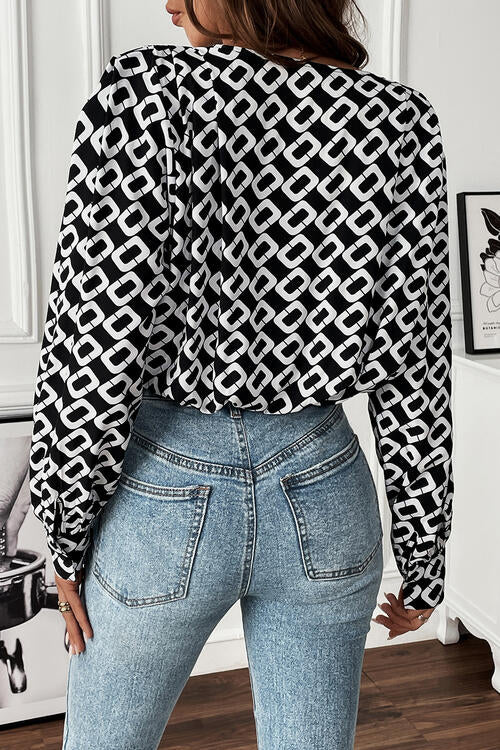 Geometric V-Neck Long Sleeve Blouse - Whiicka