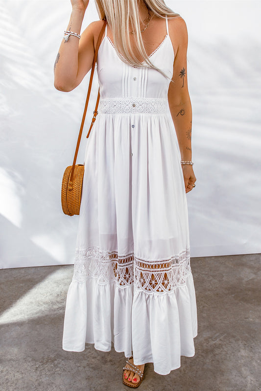 Spliced Lace Spaghetti Strap Maxi Dress - Whiicka