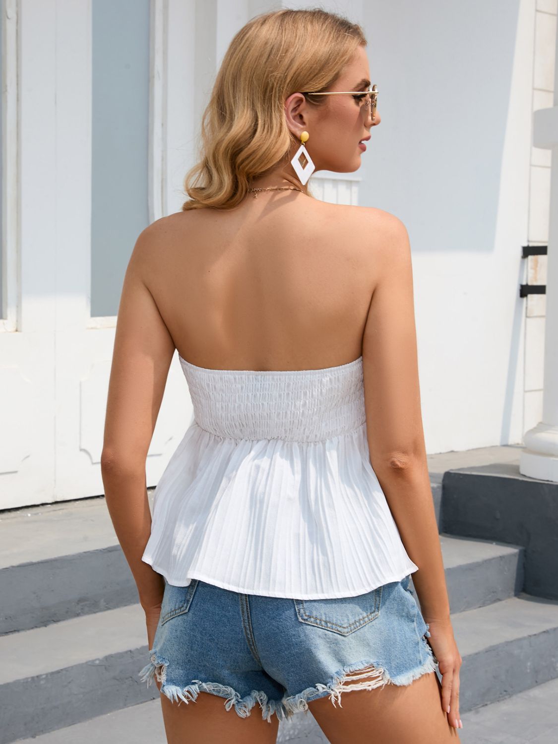 Drawstring Strapless Peplum Top - Whiicka