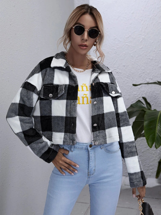 Plaid Button Down Collared Jacket - Whiicka