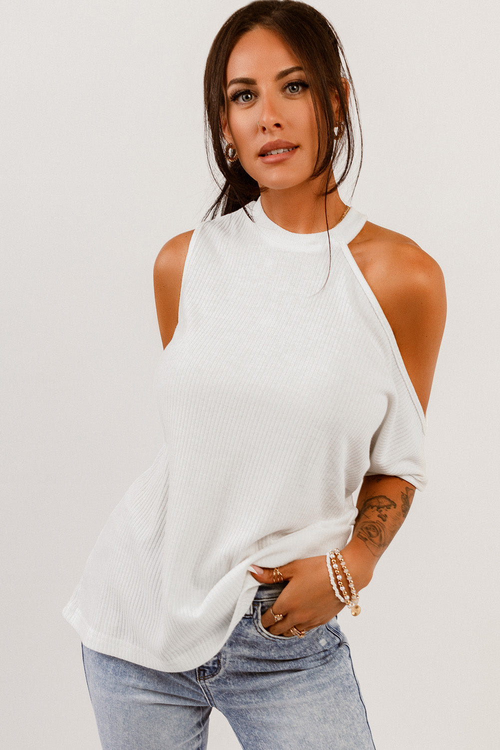 White Ribbed Zip-Back Cold-Shoulder Top - Whiicka