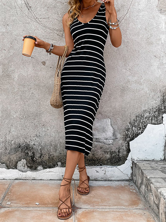 Striped Side Slit Sleeveless Midi Dress - Whiicka