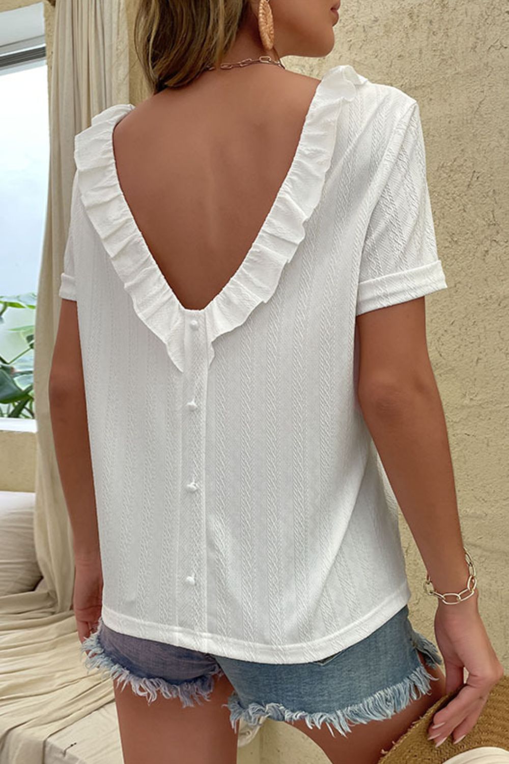 Round Neck Ruffled Short Sleeve Blouse - Whiicka