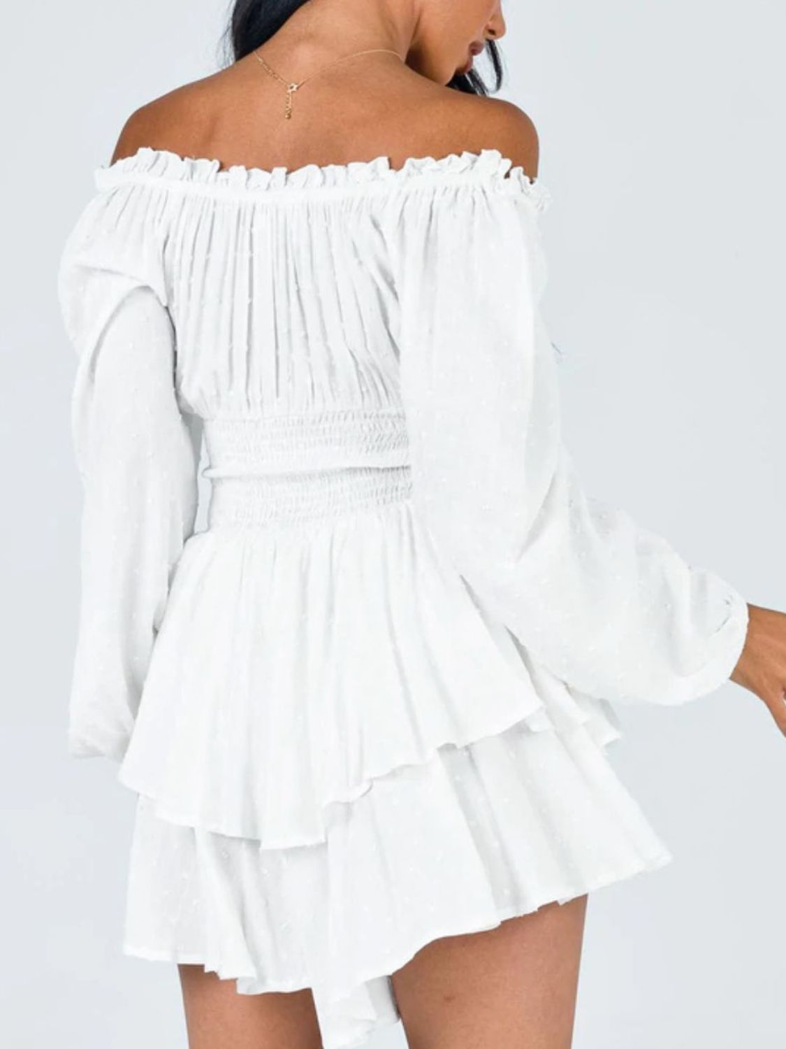 Off Shoulder Smocked Waist Romper - Whiicka