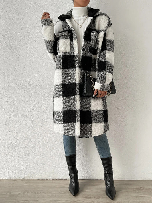 Plaid Collared Neck Button Down Coat - Whiicka