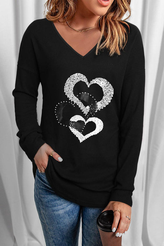 Heart Contrast V-Neck Long Sleeve Tee - Whiicka