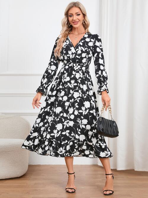 Floral Surplice Ruffle Hem Dress - Whiicka