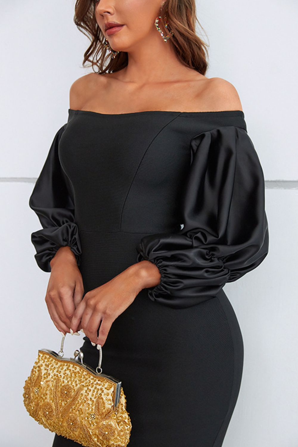 Off-Shoulder Bubble Sleeve Slit Dress - Whiicka