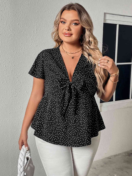 Plus Size V-Neck Front Bow Polka Dot Blouse