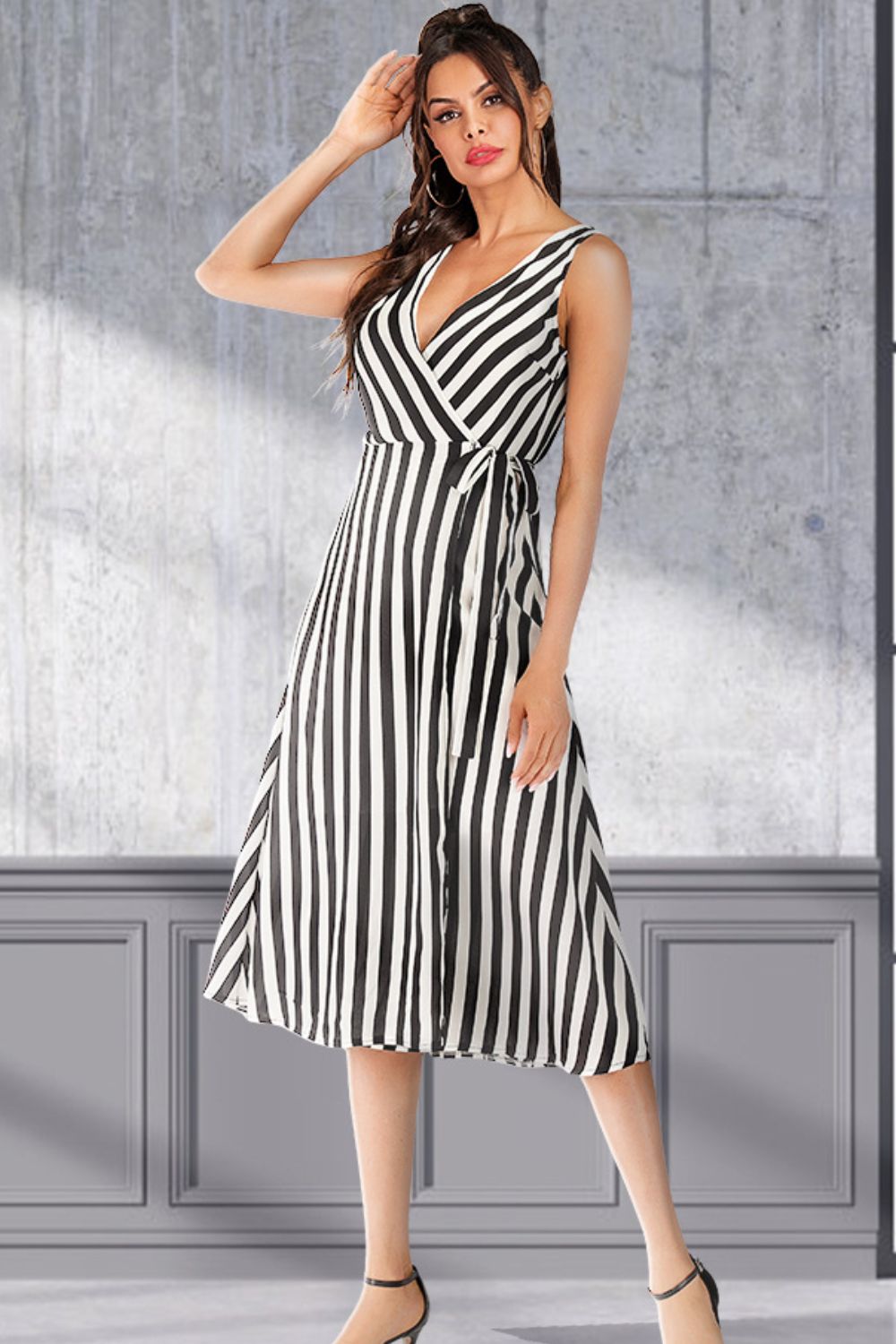 Striped Surplice Tied Sleeveless Dress - Whiicka