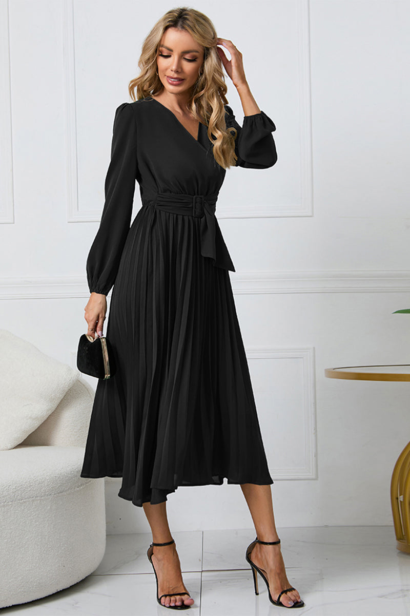 V-Neck Tie Waist Pleated Midi Dress - Whiicka