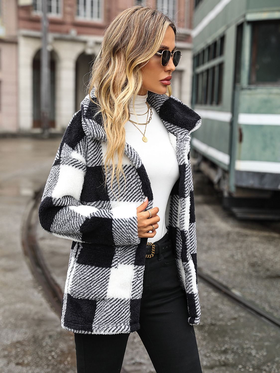 Plaid Collared Neck Button Down Jacket - Whiicka