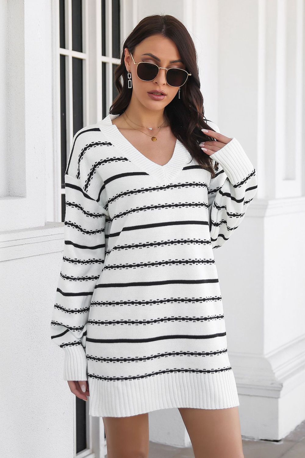 Striped V-Neck Mini Sweater Dress - Whiicka