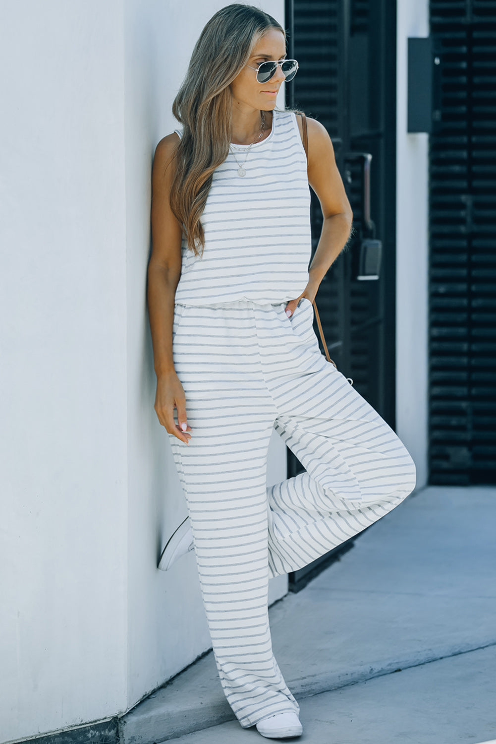 Striped Sleeveless Jumpsuit with Pockets - Whiicka