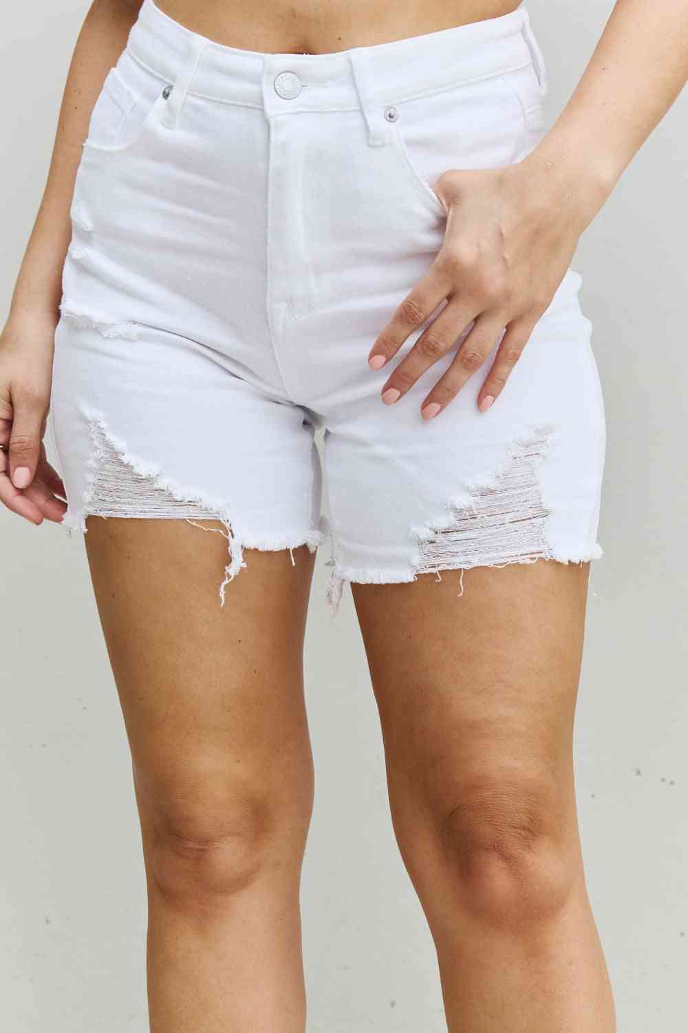 High Waisted Distressed Thigh Shorts - Whiicka