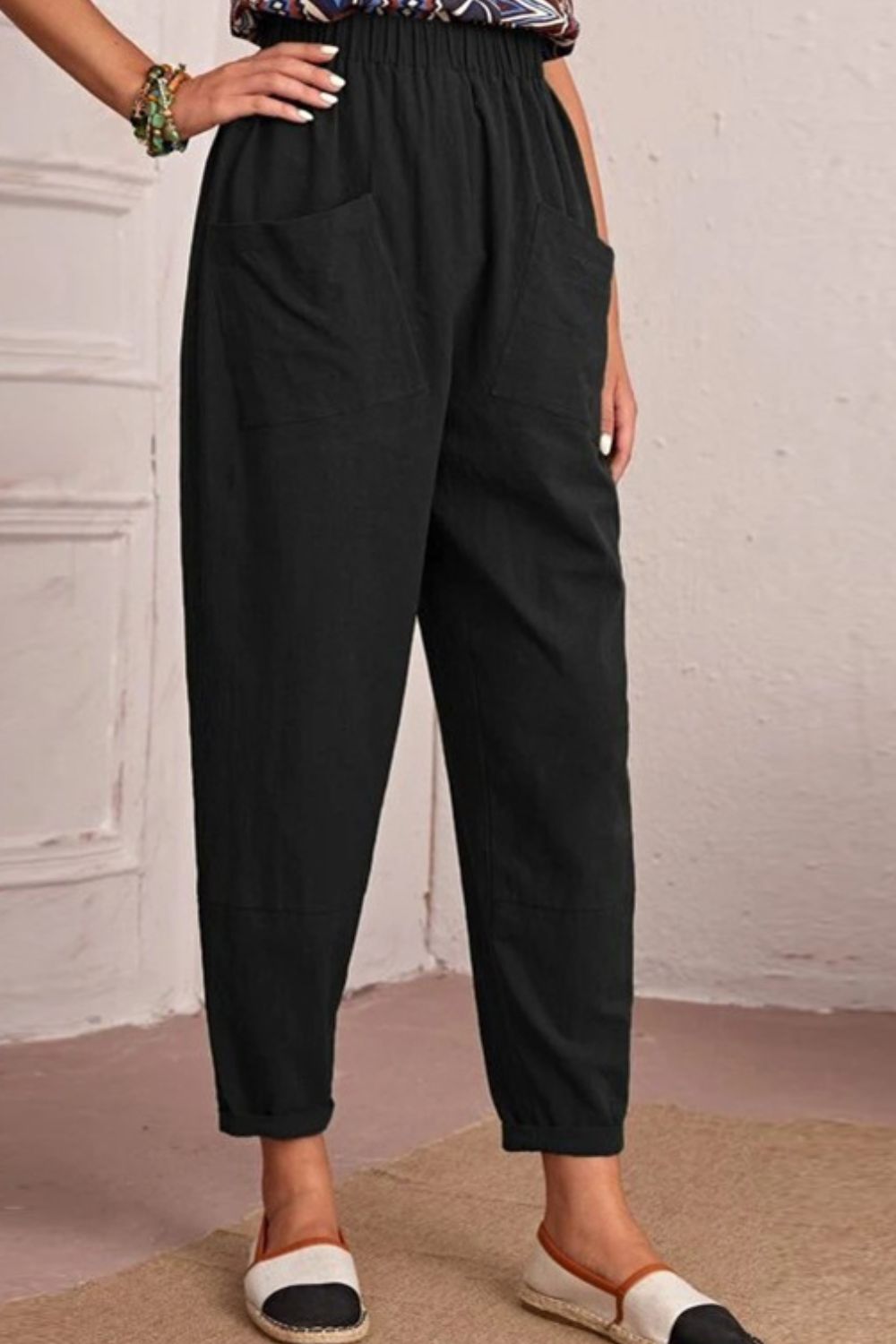 Elastic Waist Pocket Tapered Pants - Whiicka